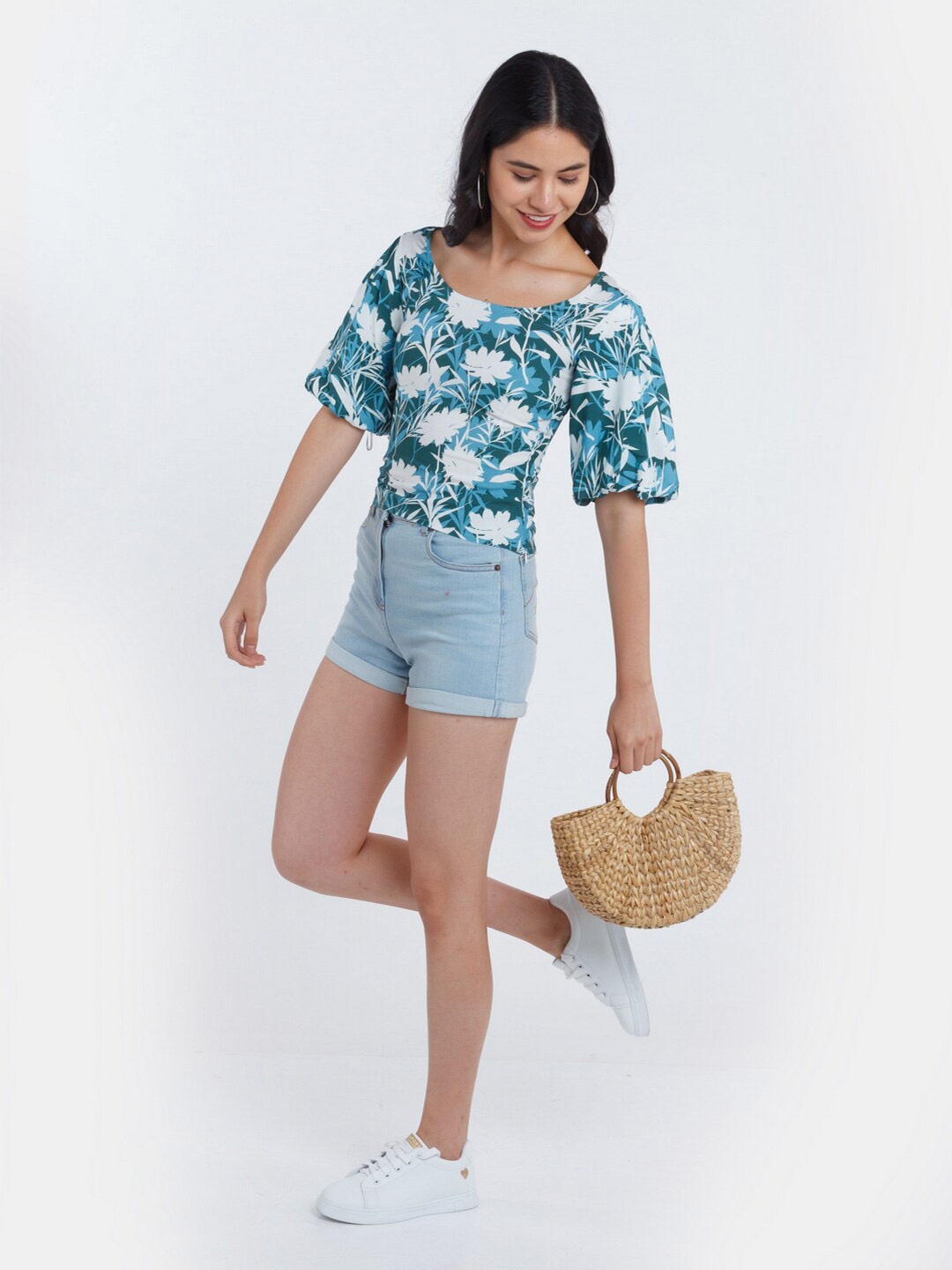 

Zink London Floral Printed Puff Sleeve Top, Green