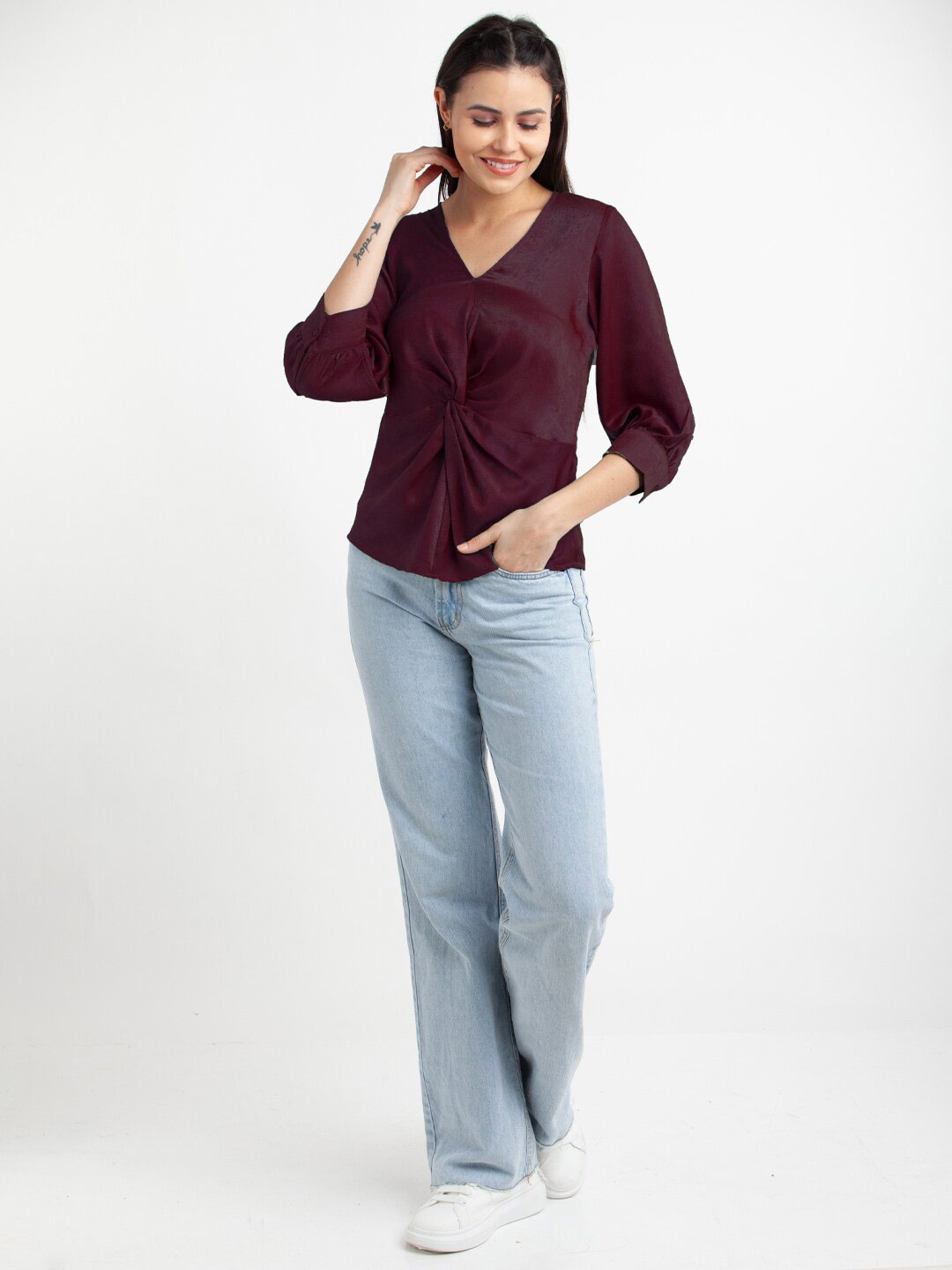 

Zink London Twisted Cuffed Sleeves Top, Burgundy