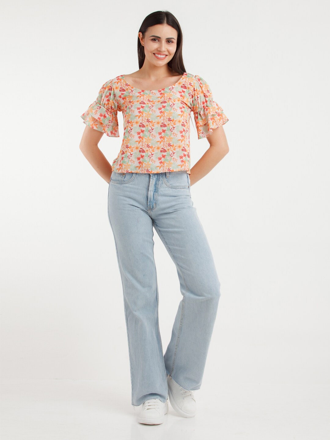 

Zink London Floral Printed Boat Neck Bell Sleeve Top, Pink
