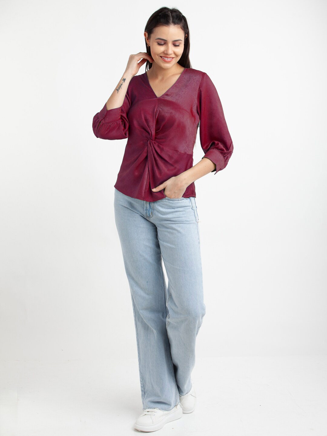 

Zink London Twisted Cuffed Sleeves Top, Maroon