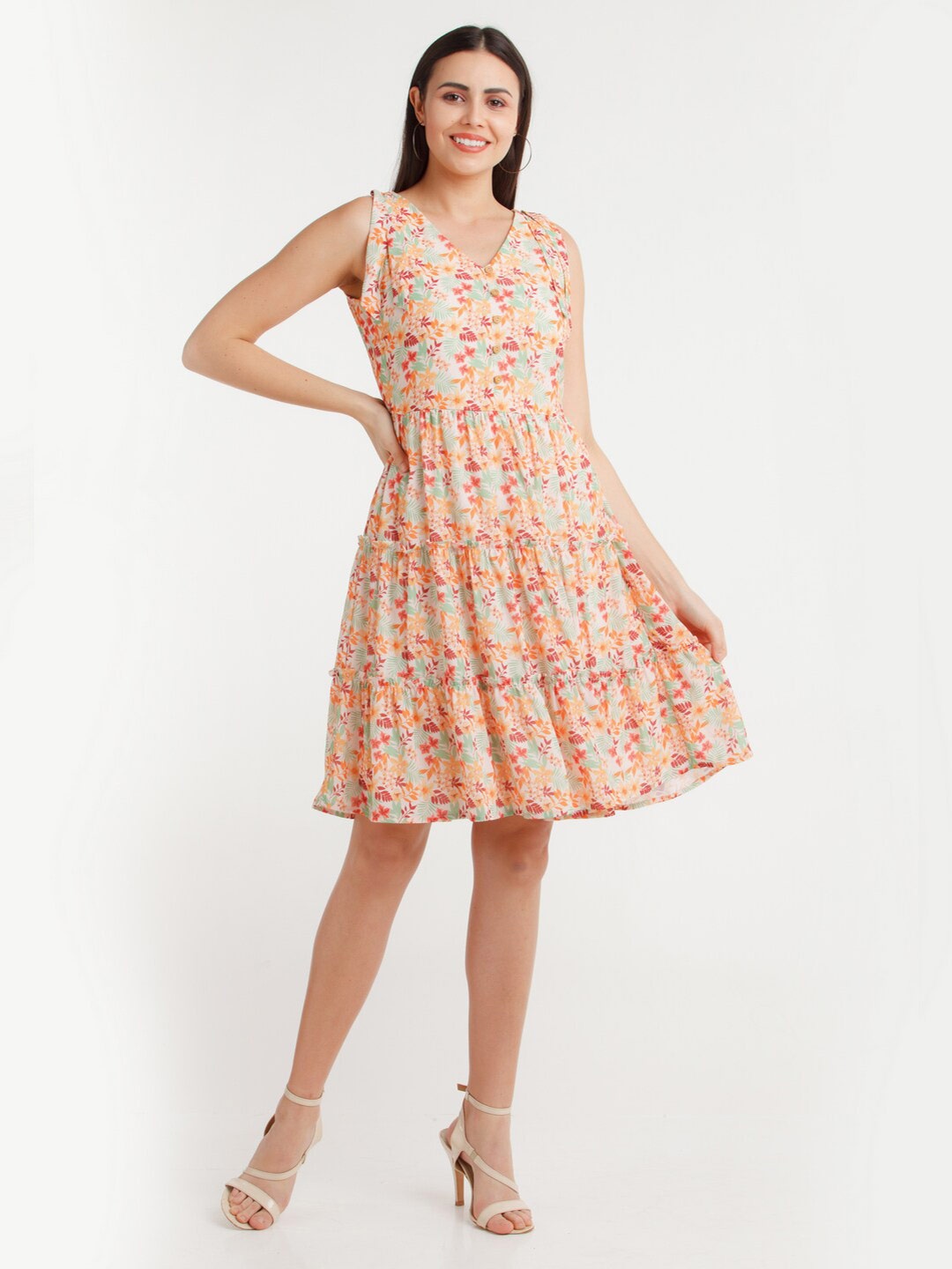 

Zink London Floral Printed Tiered Fit & Flare Dress, Pink