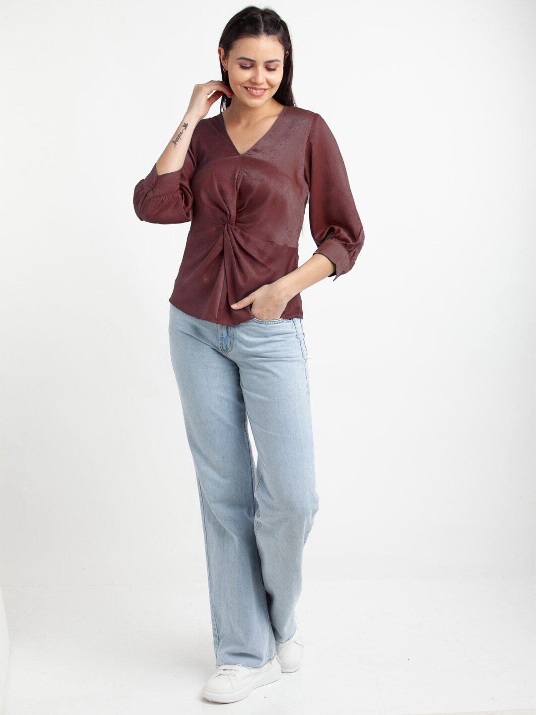 

Zink London Cuffed Sleeves Twisted Top, Coffee brown