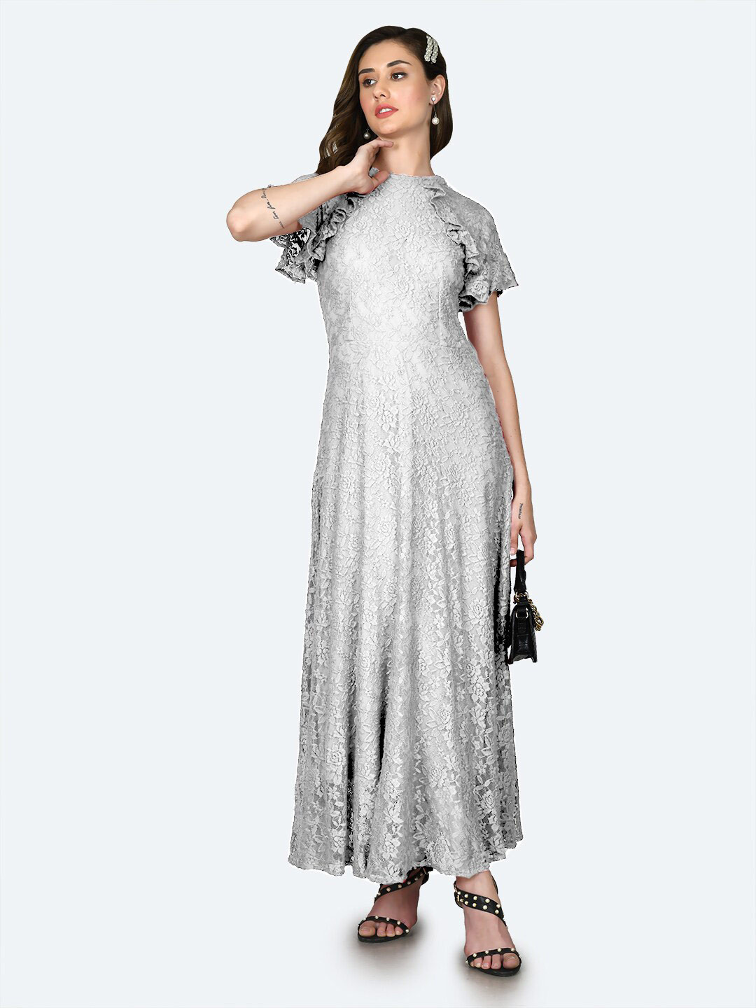 

Zink London Off White Floral Self Design Flared Sleeves Lace Ruffles Maxi Dress