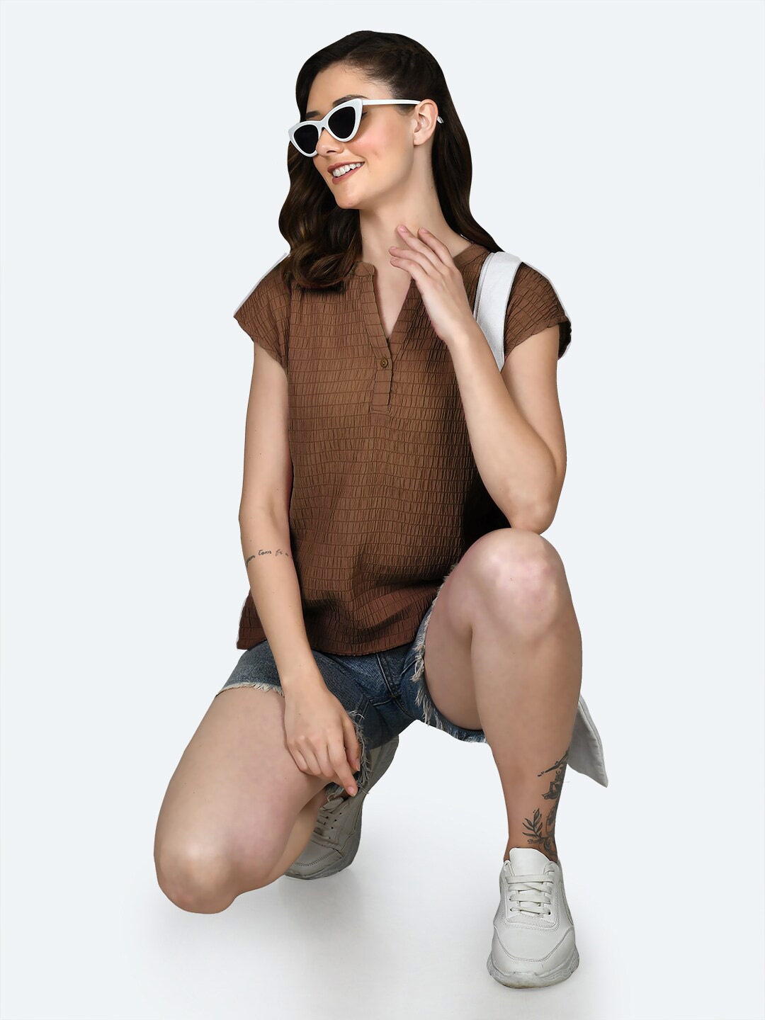 

Zink London Self Design Mandarin Collar Extended Sleeves Top, Brown