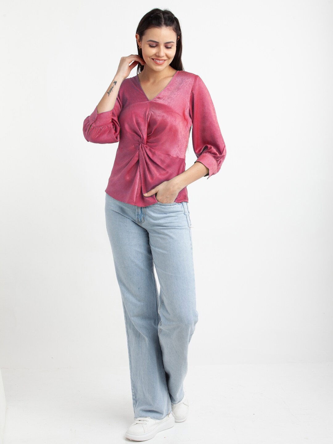 

Zink London V-Neck Cuffed Sleeve Twisted Top, Magenta