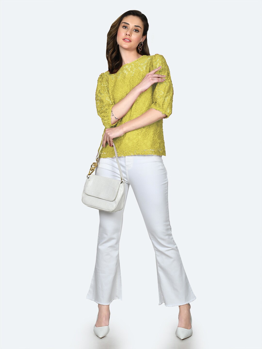 

Zink London Floral Self Design Puffed Sleeves Lace Top, Yellow