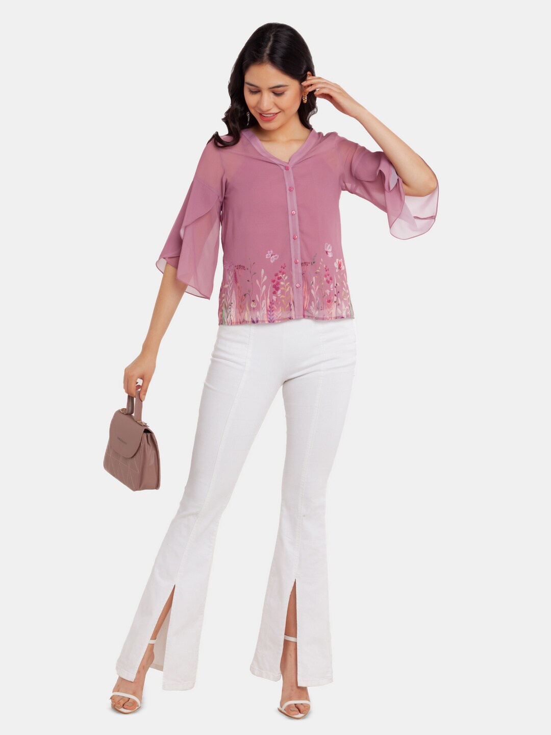 

Zink London Floral Printed Bell Sleeve Top, Pink