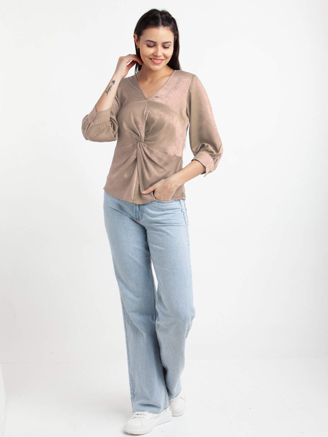 

Zink London V-Neck Cuffed Sleeves Twisted Top, Beige