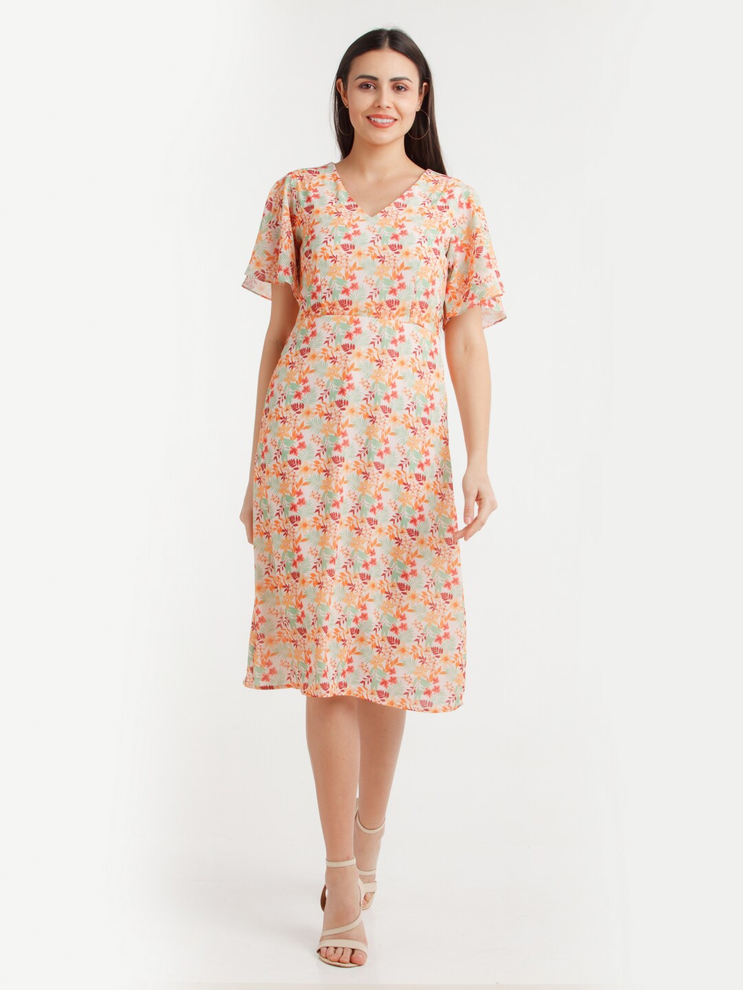 

Zink London Floral Printed Flared Sleeves A-Line Midi Dress, Pink