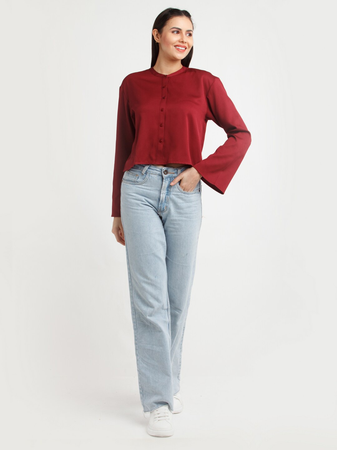 

Zink London Mandarin Collar Flared Sleeves Shirt Style Top, Maroon