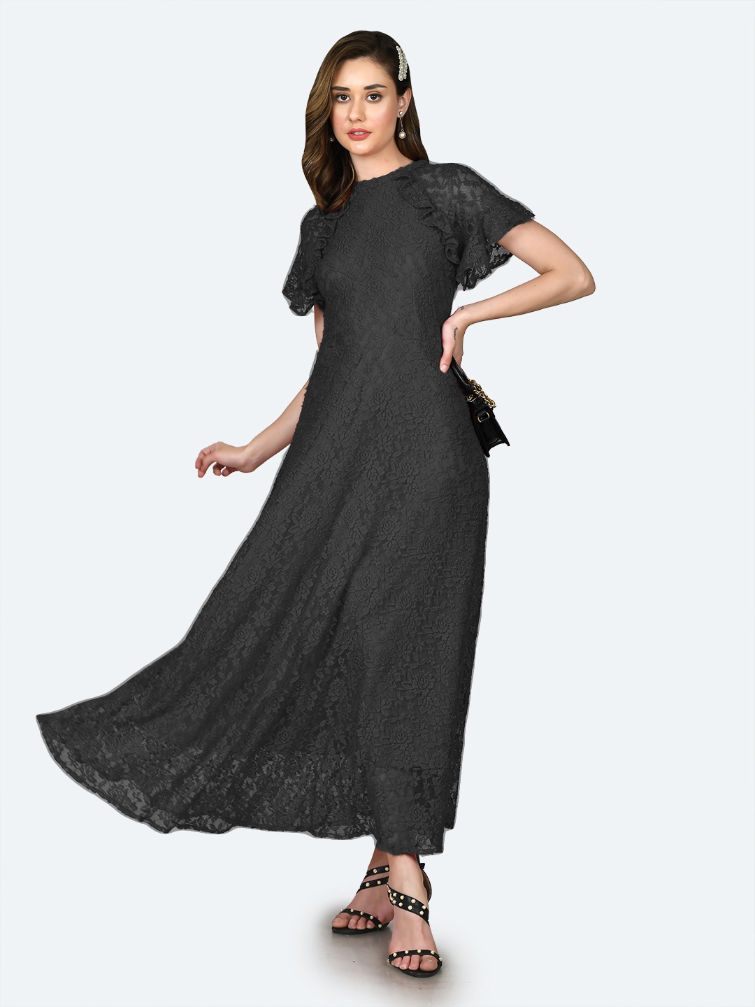 

Zink London Floral Self Design Flared Sleeves Lace Inserts A-Line Maxi Dress, Black