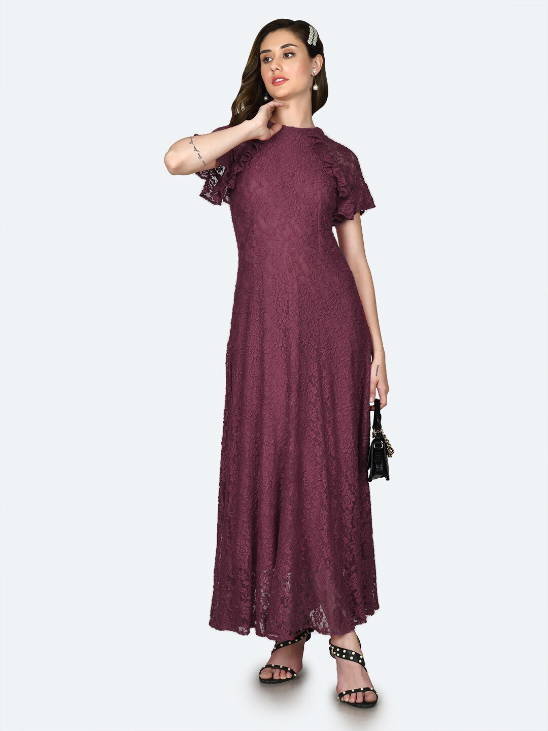 

Zink London Floral Self Design Flared Sleeves Lace Inserts Maxi Dress, Mauve