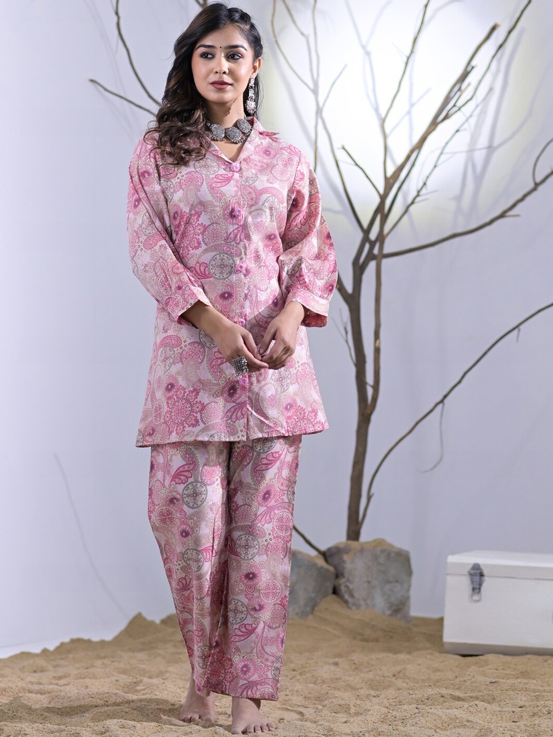 

Readiprint Fashions Pure Silk Shirt Style Printed Tunic And Palazzos, Pink