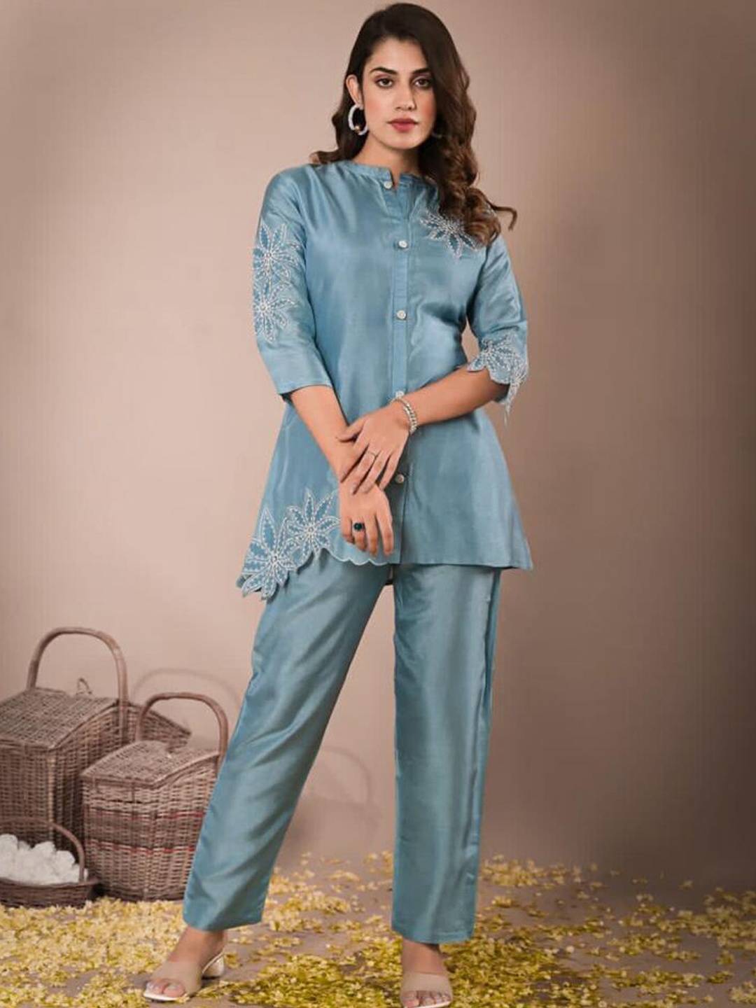 Readiprint Pure Silk A Line style Embroidered Top And Palazzos, Blue
