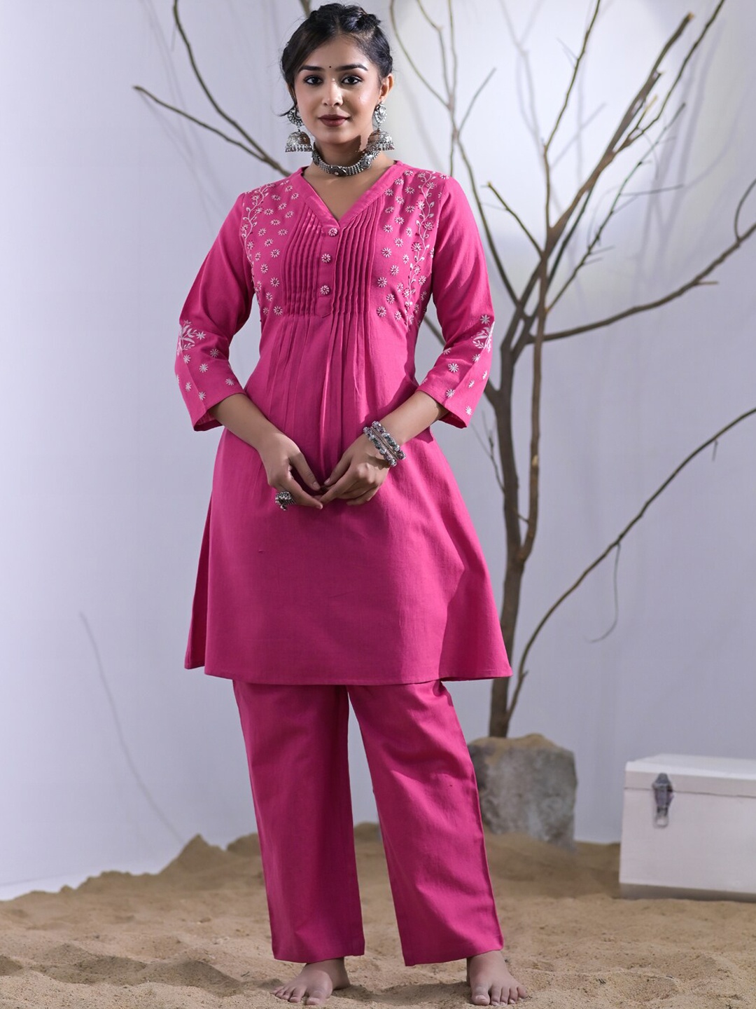 

Readiprint Fashions Women A-Line Embroidered Work Kurta With Trousers, Pink