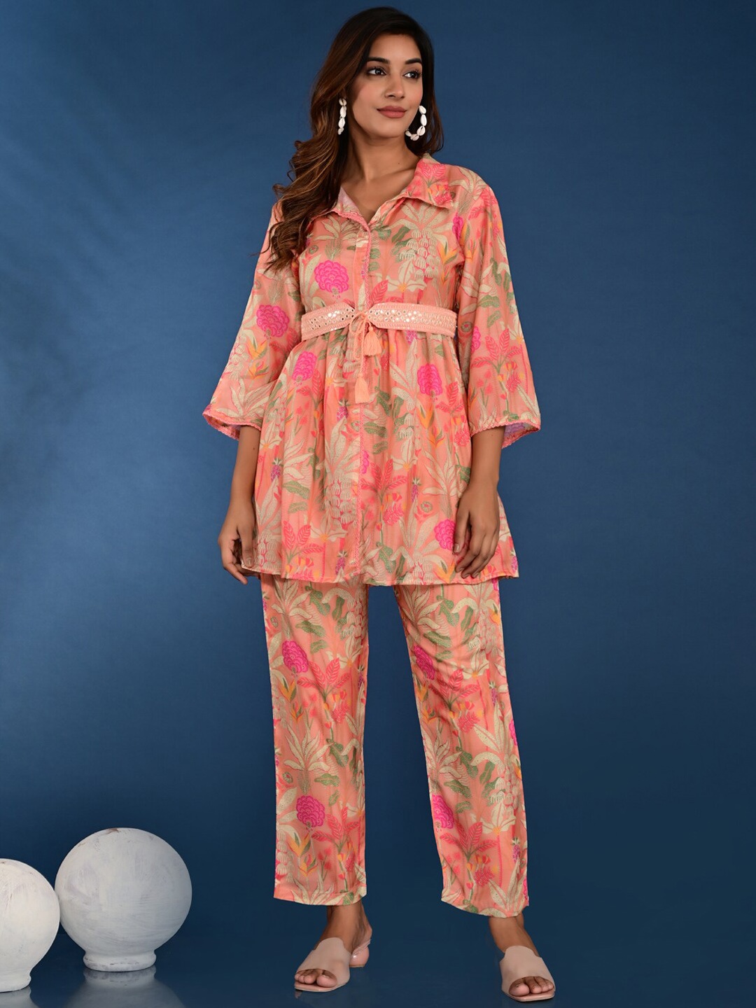 

Readiprint Fashions Floral Printed Shirt Collar Pure Silk Tunic & Trousers, Pink