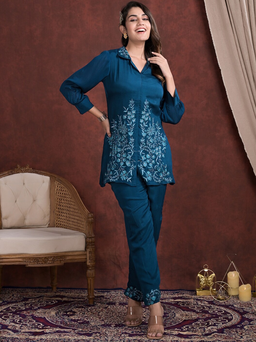 

Readiprint Pure Silk Shirt Style Embroidered Top And Palazzos, Teal
