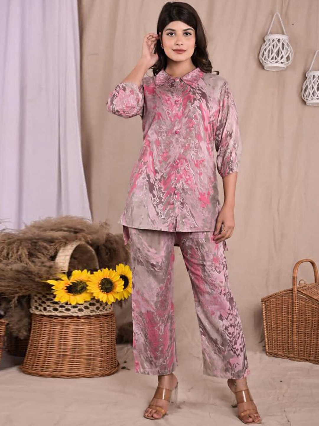 

Readiprint Fashions Pure Cotton Shirt Style Printed Top And Palazzos, Pink