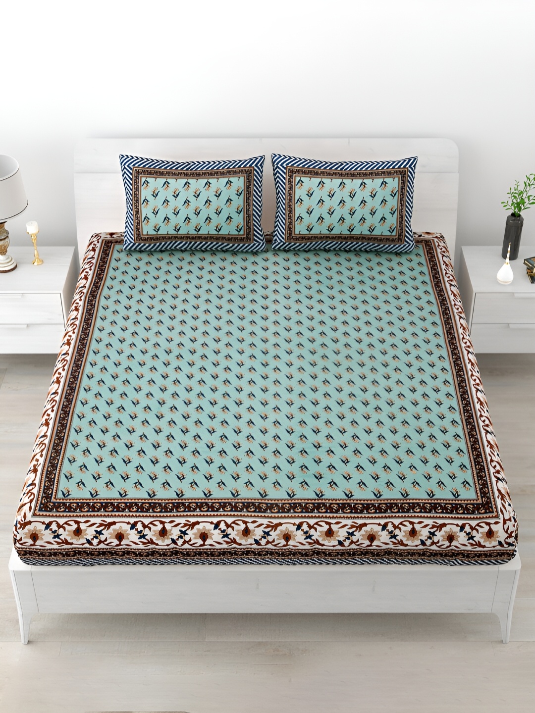 

POORAK Green & Blue Floral Printed 120 TC King Cotton Bedsheet with 2 Pillow Covers