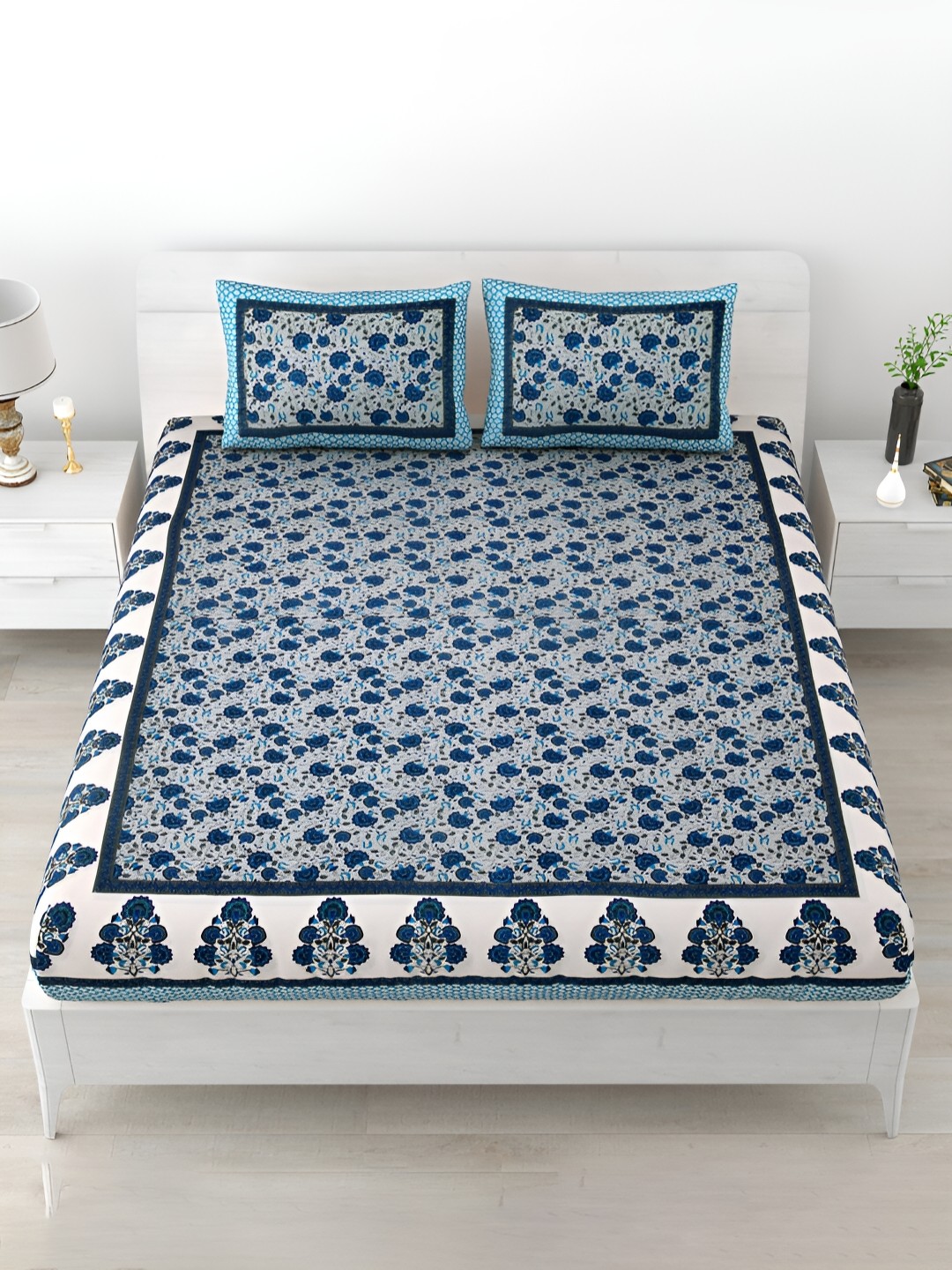 

POORAK Blue & Grey Floral Printed 120 TC King Size Cotton Bedsheet with 2 Pillow Covers