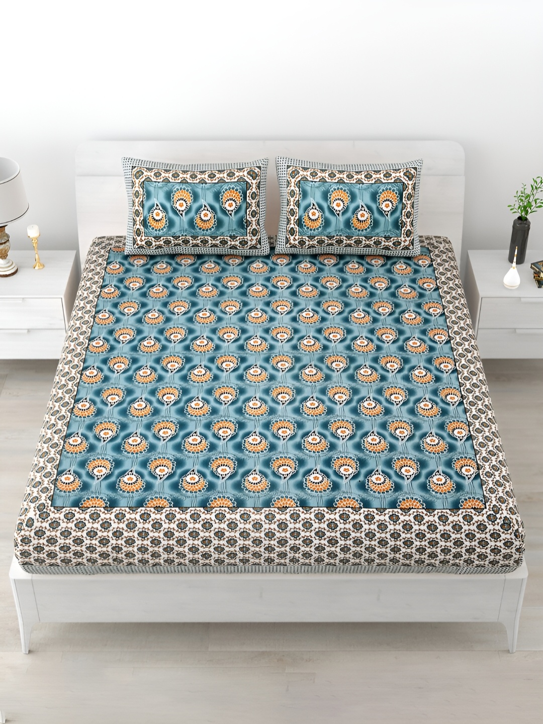 

POORAK Blue & White Floral Printed 120 TC King Cotton Bedsheet with 2 Pillow Covers