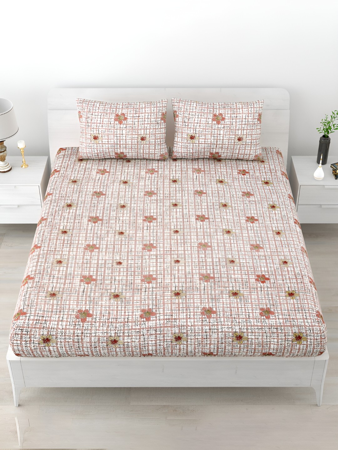 

POORAK Orange & Green Floral Printed 120 TC King Cotton Bedsheet with 2 Pillow Covers