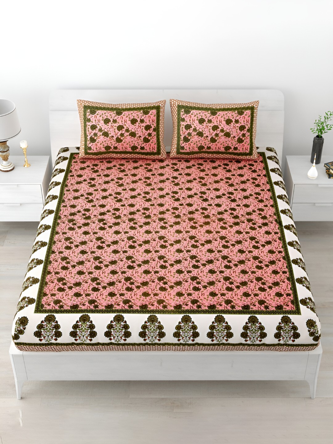 

POORAK Pink & Green Floral Printed 120 TC King Cotton Bedsheet with 2 Pillow Covers