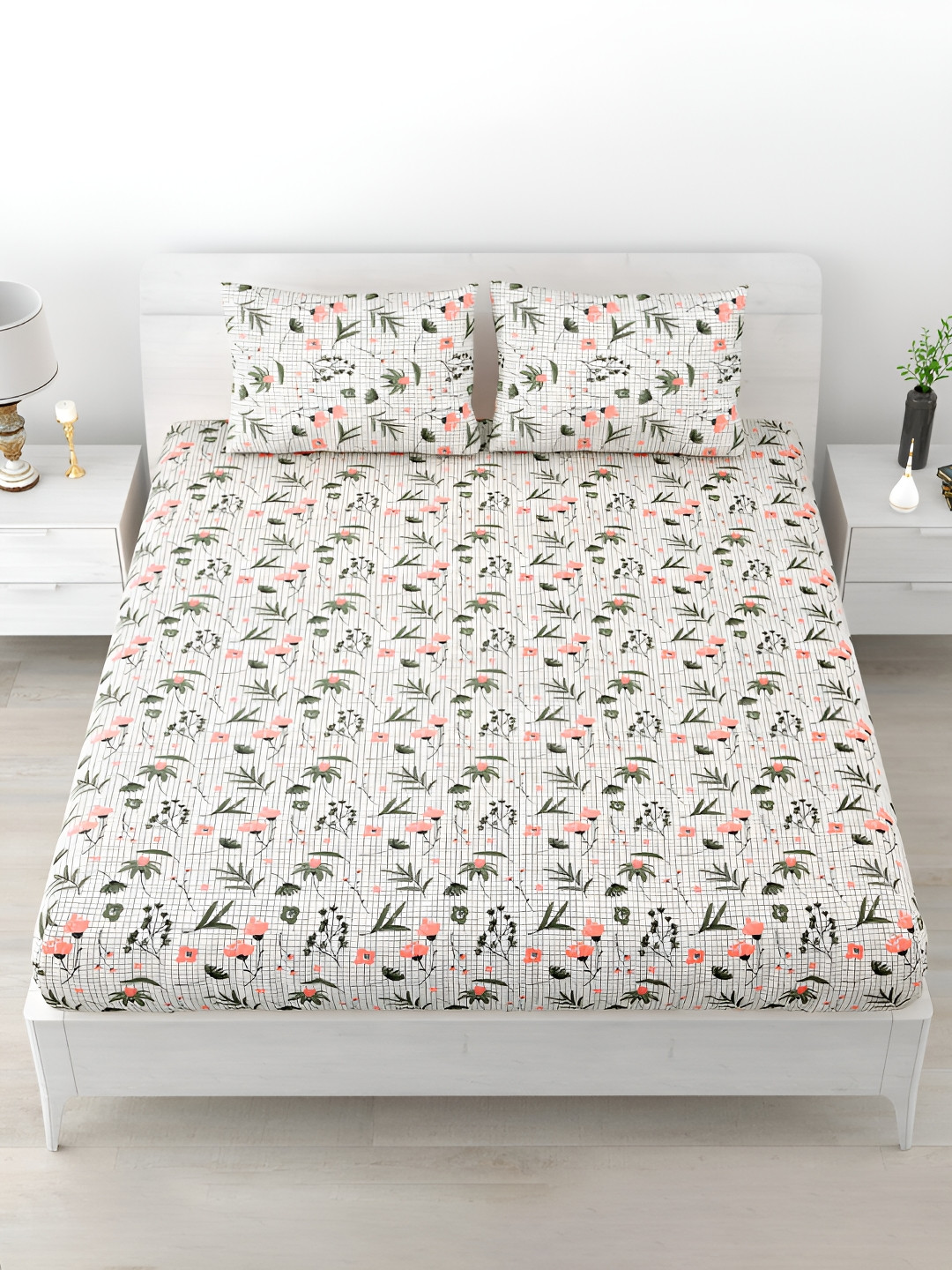 

POORAK White & Pink Floral Printed 120 TC King Cotton Bedsheet with 2 Pillow Covers
