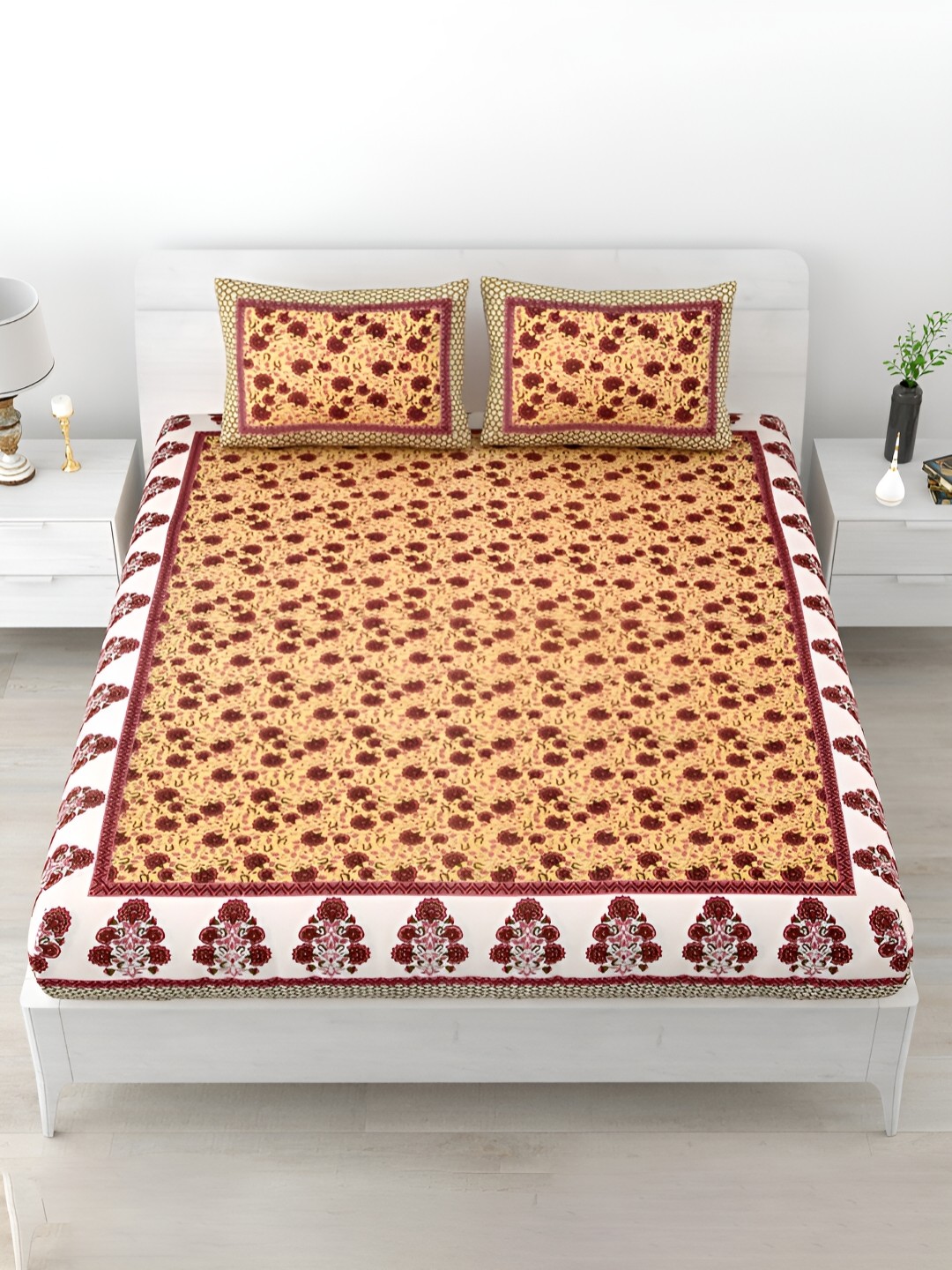 

POORAK Yellow & White Floral Printed 120 TC King Cotton Bedsheet with 2 Pillow Covers