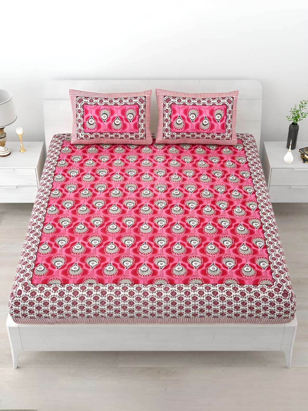 

POORAK Pink & White Ethnic Motifs 120 TC Cotton King Bedsheet with 2 Pillow Covers