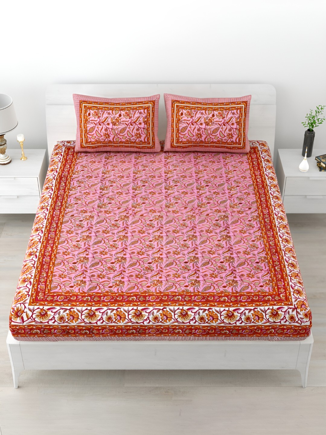 

POORAK Pink & Red Ethnic Motifs 120 TC Cotton King Bedsheet with 2 Pillow Covers