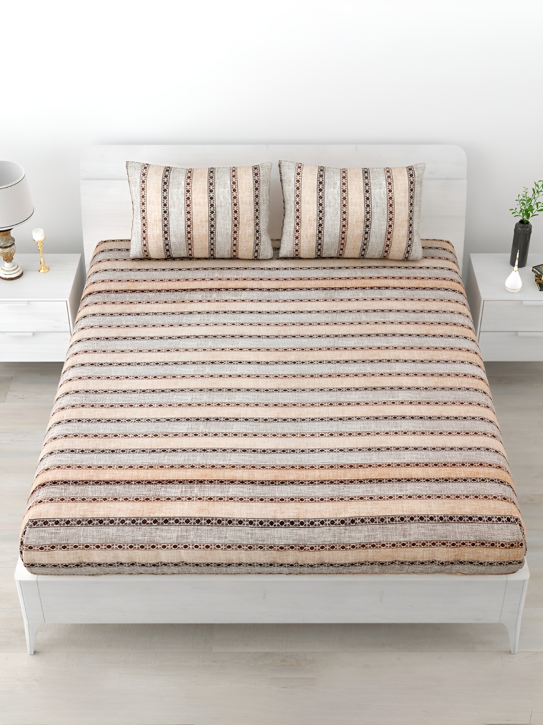 

POORAK Brown Striped Printed Cotton 120 TC King Bedsheet with 2 Pillow Covers