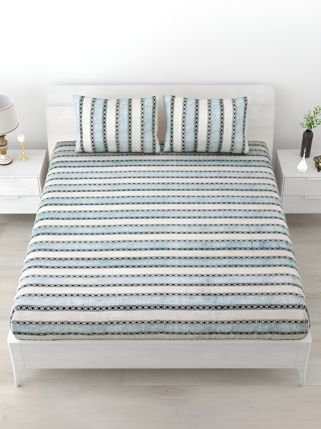 

POORAK Blue & Grey Striped Printed Cotton 120 TC King Bedsheet with 2 Pillow Covers