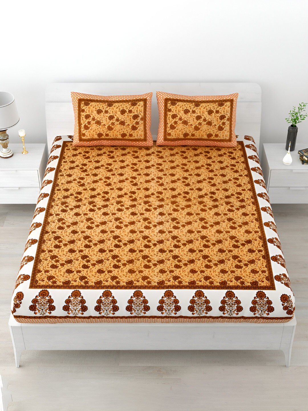 

POORAK Yellow Printed Cotton 120 TC King Bedsheet with 2 Pillow Covers