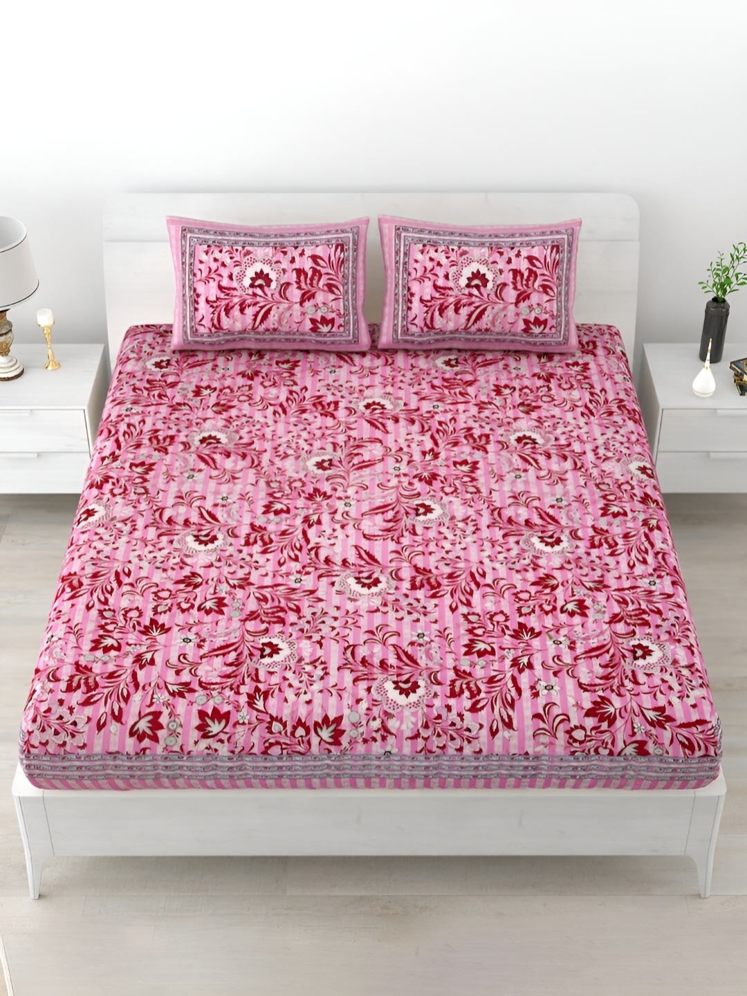 

POORAK Pink Printed Cotton 120 TC King Bedsheet with 2 Pillow Covers