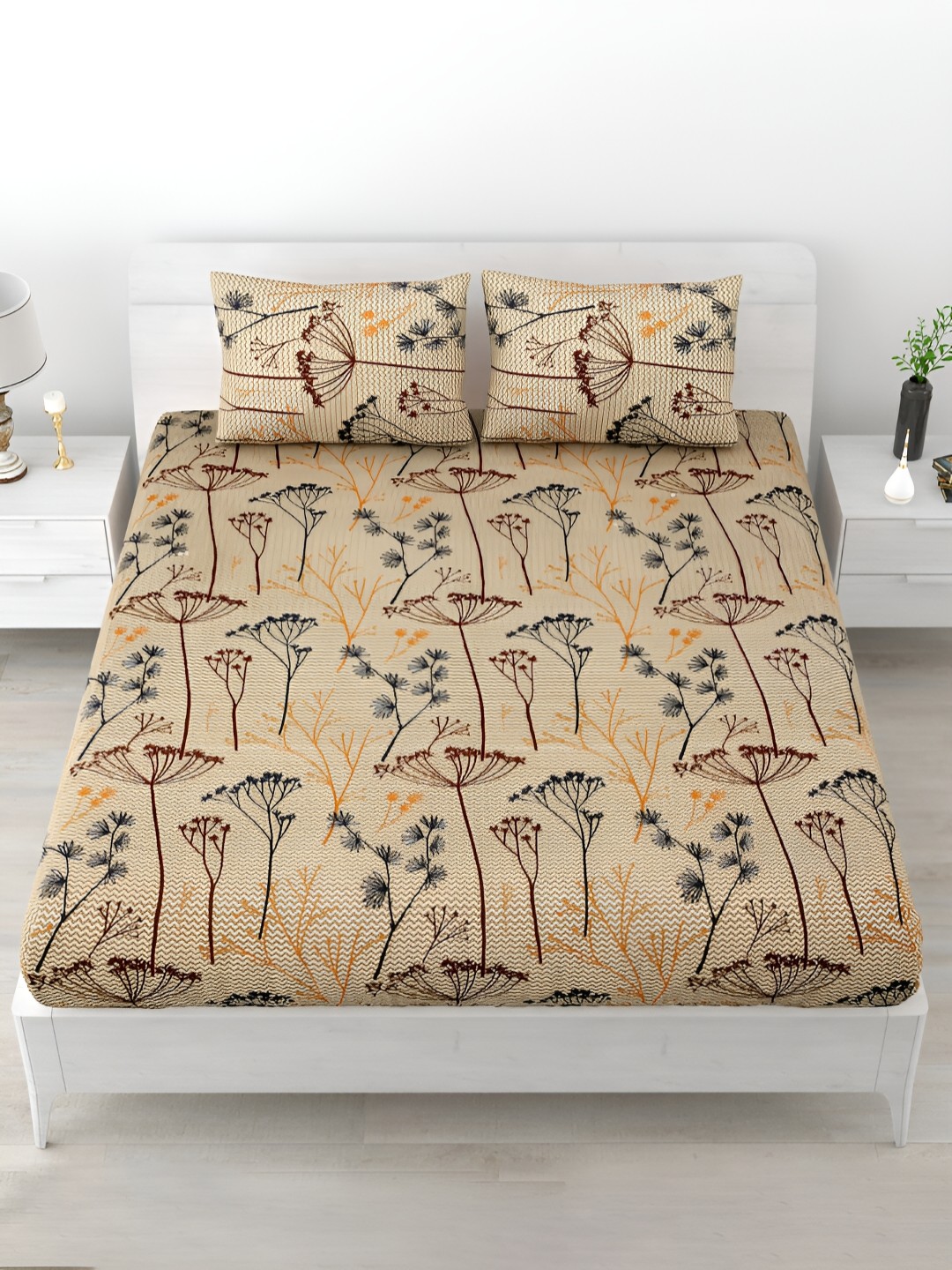 

POORAK Brown & Blue Floral Printed Cotton 120 TC King Bedsheet with 2 Pillow Covers