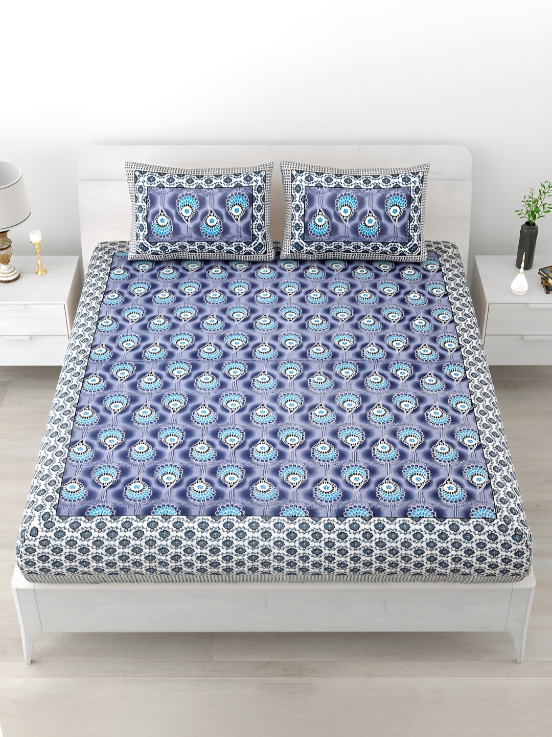 

POORAK Purple & White Ethnic Printed Cotton 120 TC King Bedsheet with 2 Pillow Covers