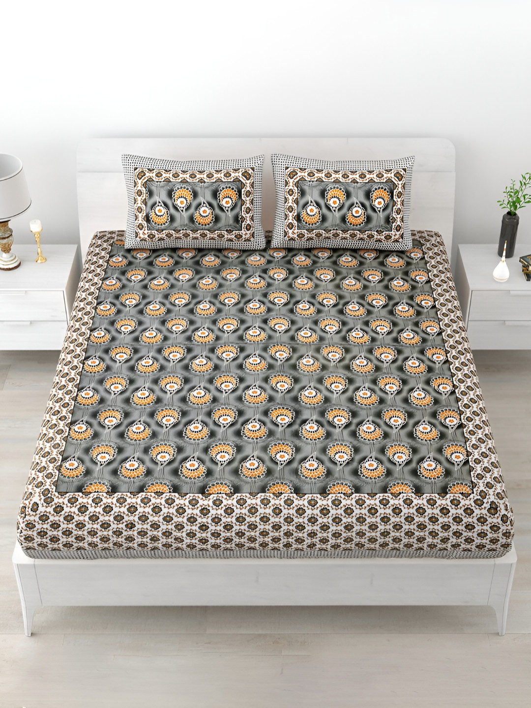 

POORAK Grey & Orange Ethnic Printed Cotton 120 TC King Bedsheet with 2 Pillow Covers