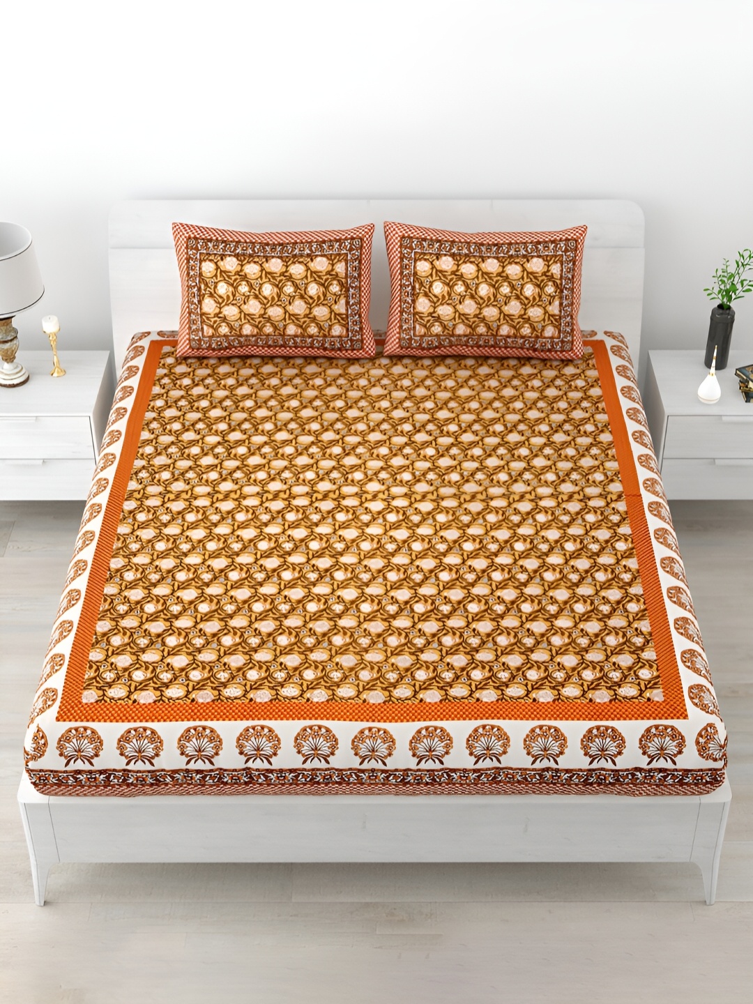 

POORAK Yellow Floral Printed Cotton 120 TC King Bedsheet with 2 Pillow Covers