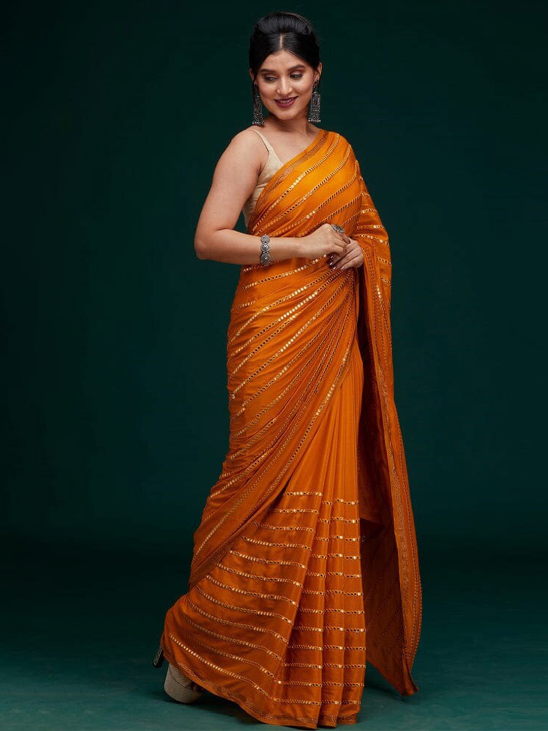 

MADHUR HAND WORK ART Striped Mirror Work Saree, Red