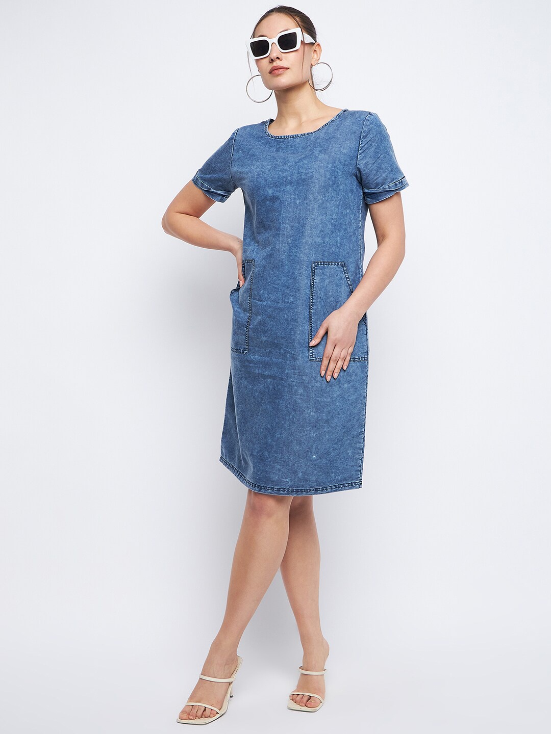 

Ruhaans Round Neck Denim A-Line Dress, Blue