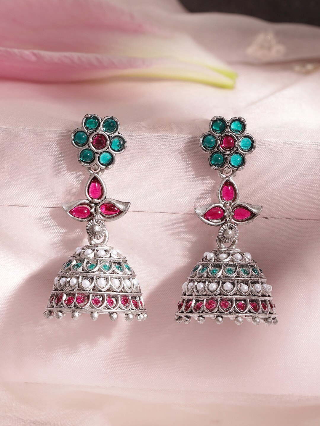 

Rubans Silver-Plated Stone Studded Jhumkas