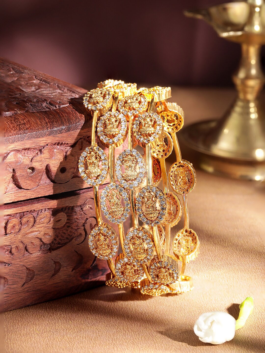 

Rubans Set of 4 Gold Plated Divine Goddess Lakshmi Design Temple Bangles with CZ Studded