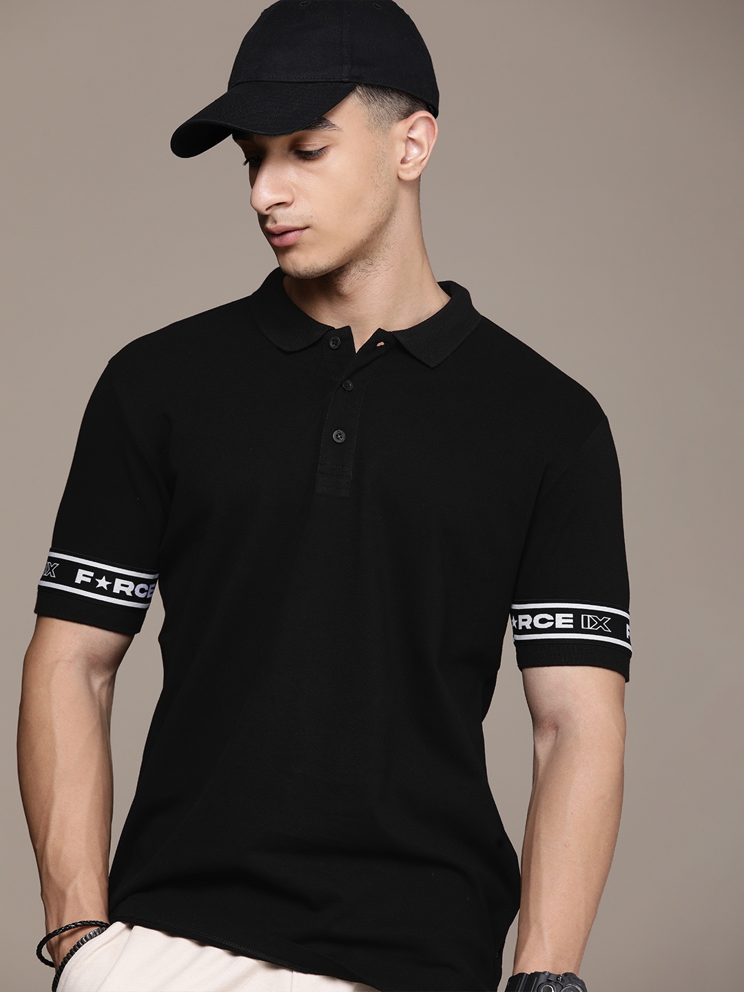 

FORCE IX Solid Polo Collar Pure Cotton T-shirt, Black