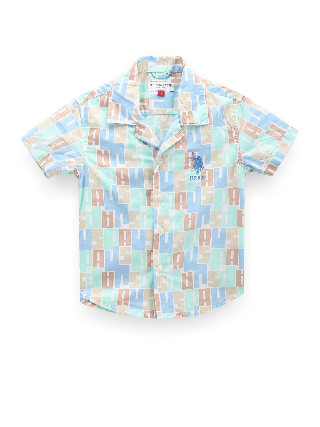 

U.S. Polo Assn. Kids Boys Classic Typography Printed Cuban Collar Casual Shirt, Blue