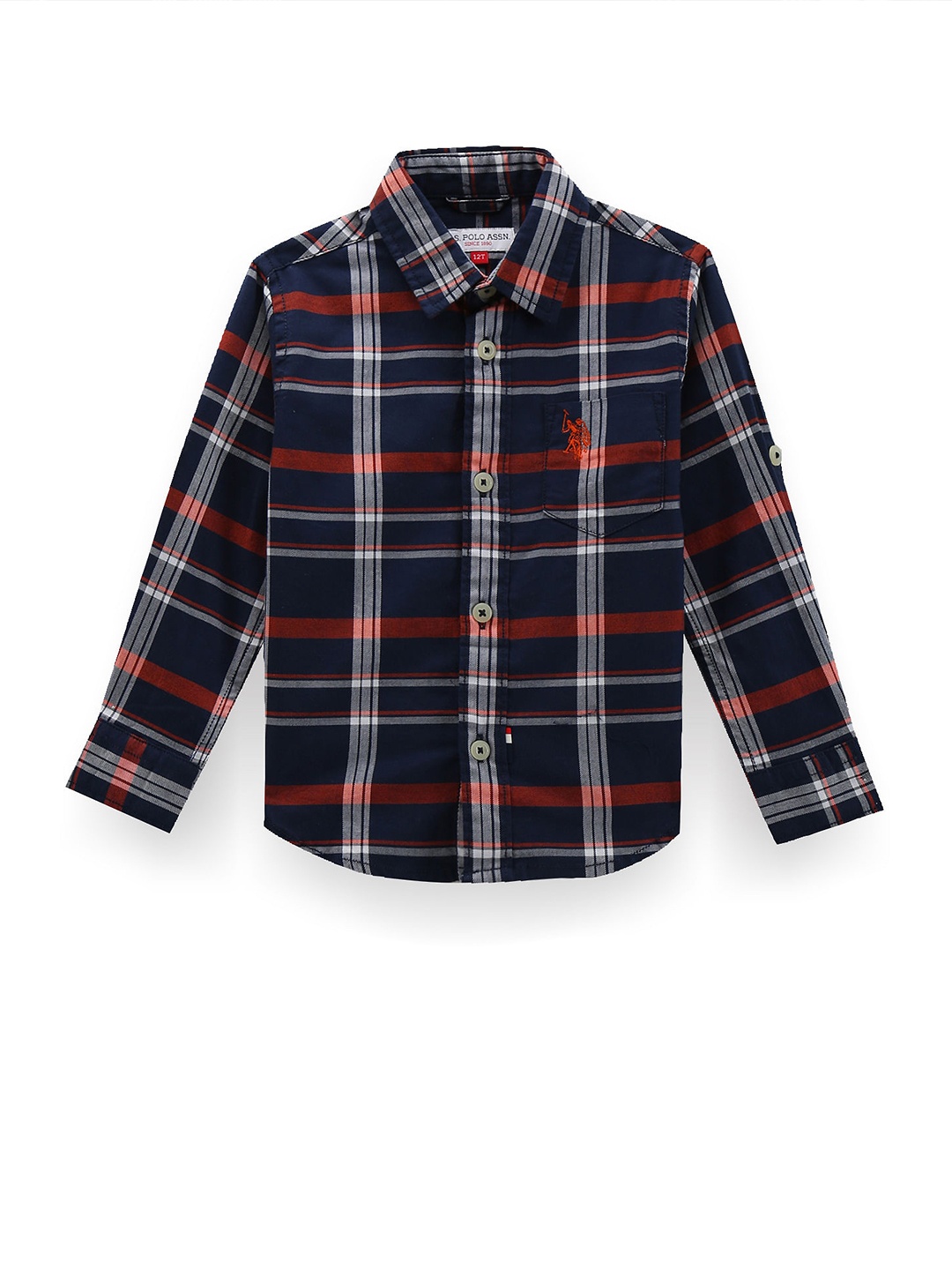 

U.S. Polo Assn. Kids Boys Classic Tartan Checks Roll-Up Sleeves Twill Pure Cotton Shirt, Navy blue