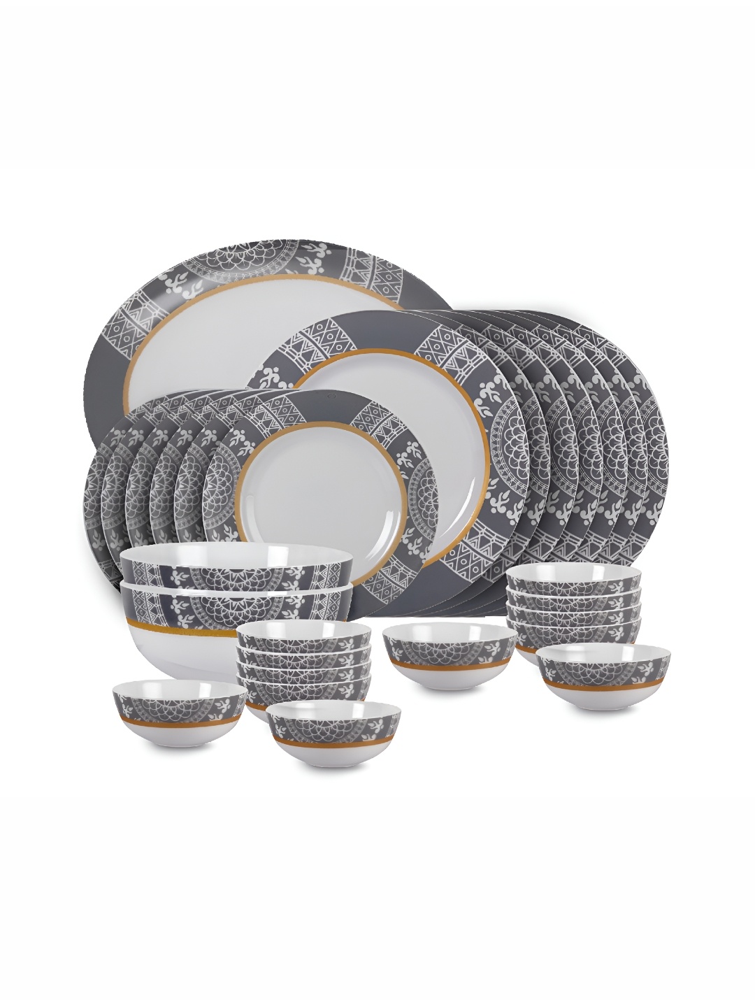 

Cello Feather Series Ethnic Motifs White & Grey 27 Pieces Printed Opalware Dinner Set