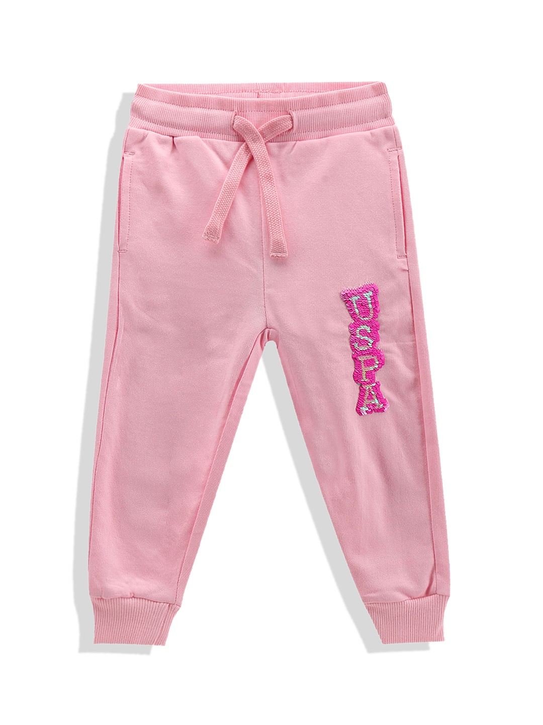 

U.S. Polo Assn. Kids Girls Brand Logo Flip Sequins Embellished Regular Fit Joggers, Pink