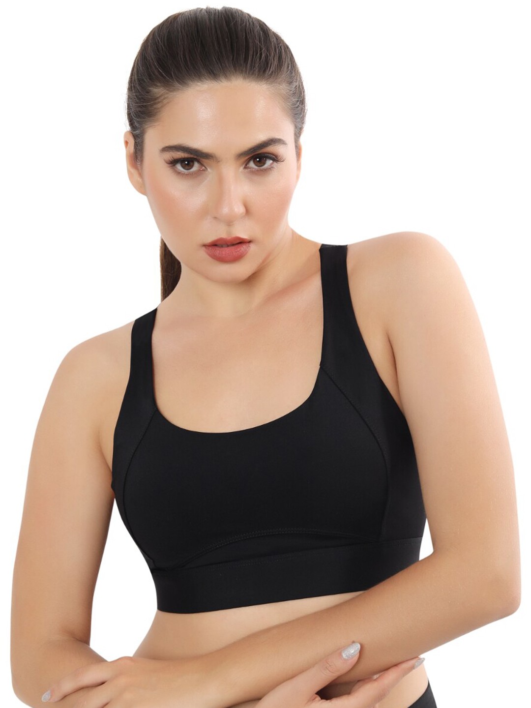 

FABLUK Velvet Workout Sports Bra - Full Coverage Lightly Padded, Black