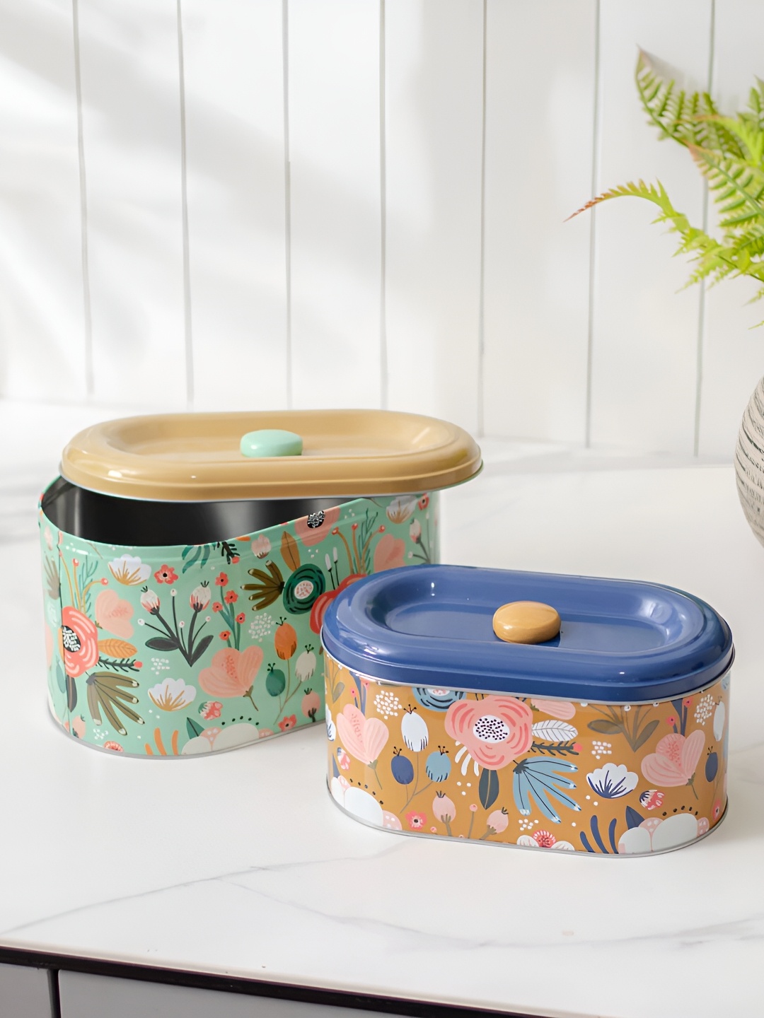 

THEDECORKART Green & Orange Metal Food Container
